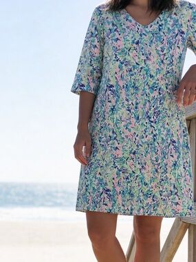 Lulu-B Pastel Floral V-Neck Casual Dress in Pink, Mint & light blue